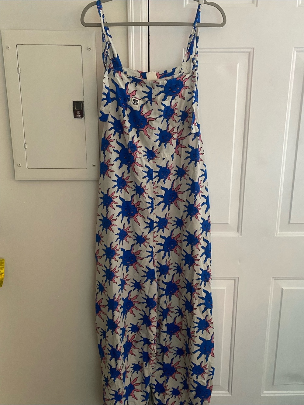 Lucy & Yak White Maxi Jumpsuit with Blue and Pink Sunburst Print